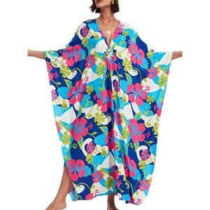 Women's Blue White Flowers Batwing Sleeve Flowy Split Hem Bohemian Kaftan Dress